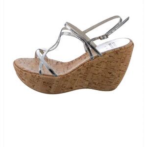 Stuart Weitzman Leather T Silver Strap Wedge Sandals size 10